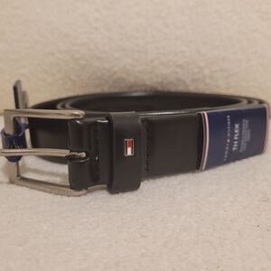 Tommy Hilfiger Black Leather Belt with Silver Buckle